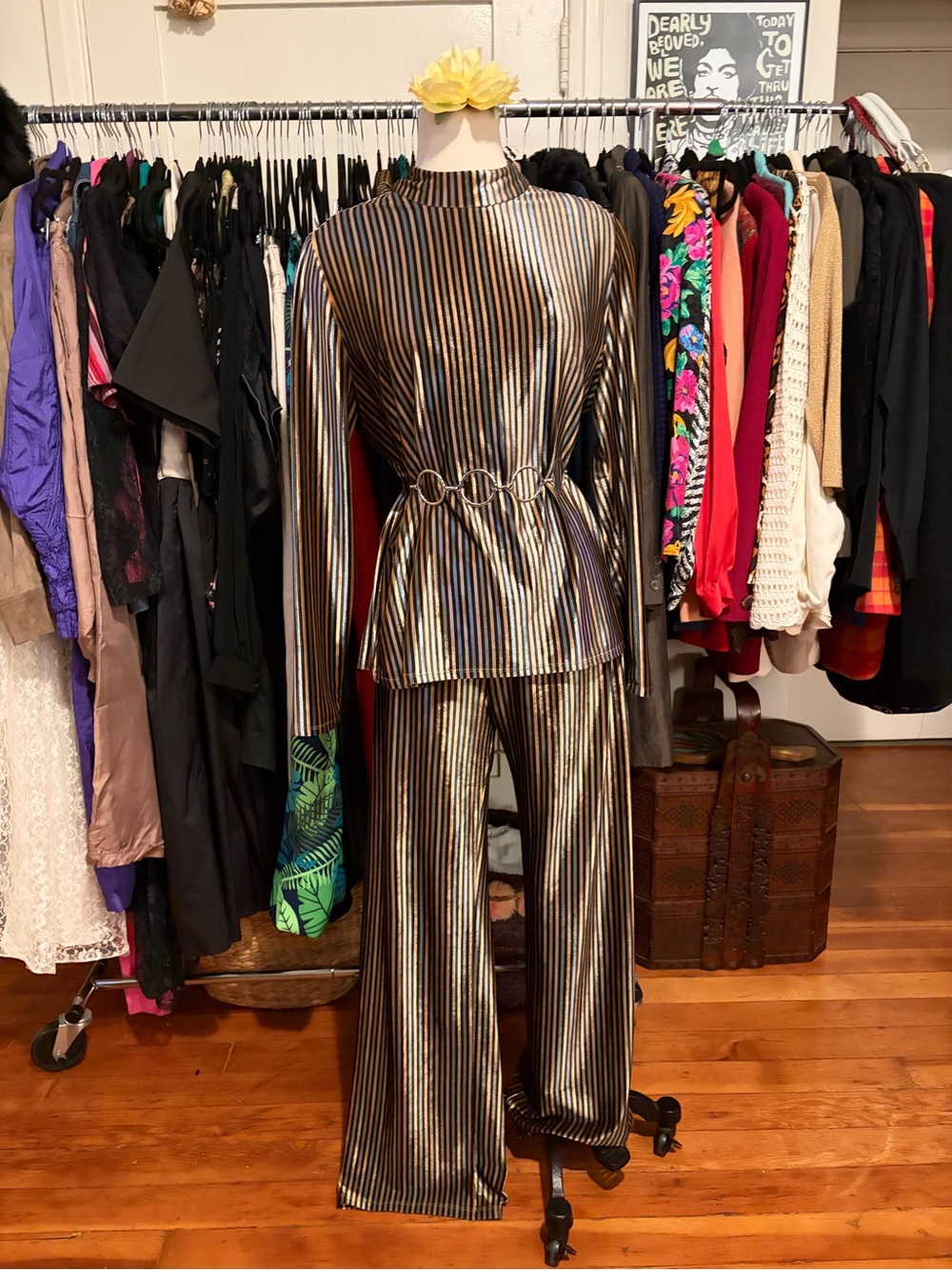 Zara Striped Velvet Matching Set Metallic Gold Black Top Pants